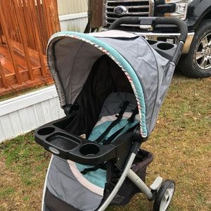 Teal orange and grey stroller
